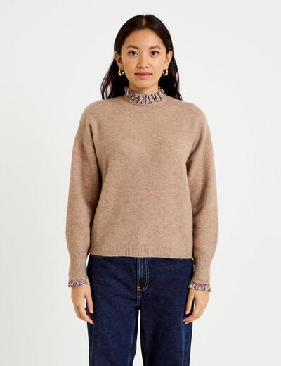 Pull col rond manches longues beige femme