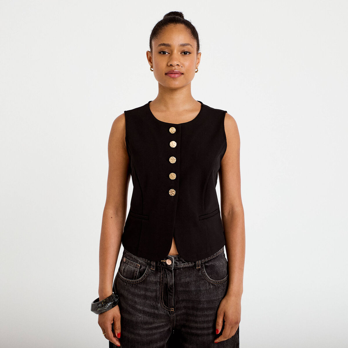 Gilet sans manches col rond noir femme