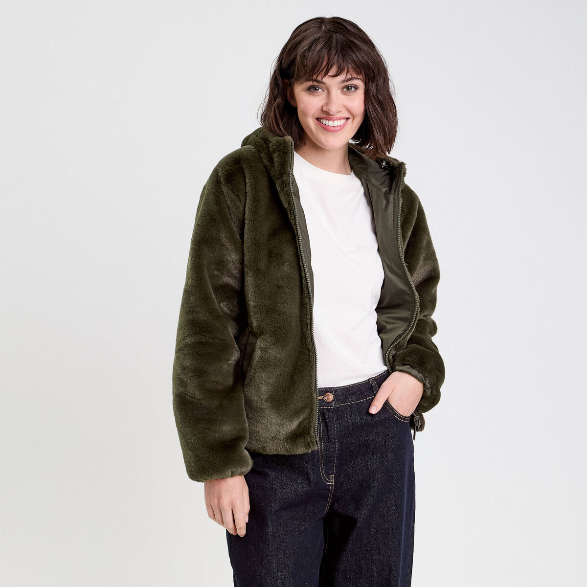 Parka r&eacute;versible &agrave; capuche vert kaki femme