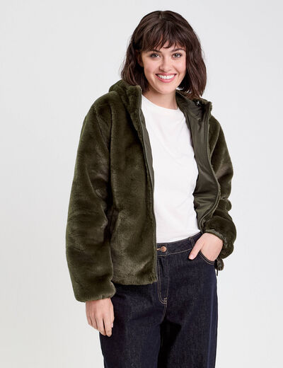 Parka r&eacute;versible &agrave; capuche vert kaki femme