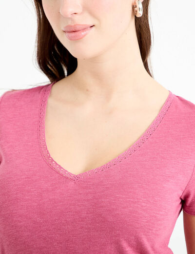 T-shirt col v manches courtes vieux rose femme
