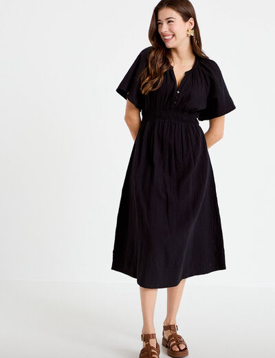 Robe midi pliss&eacute;e col v manches courtes noir femme
