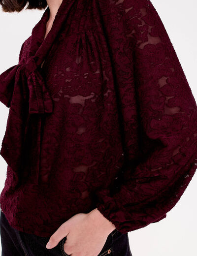 Blouse col lavalli&egrave;re bordeaux femme