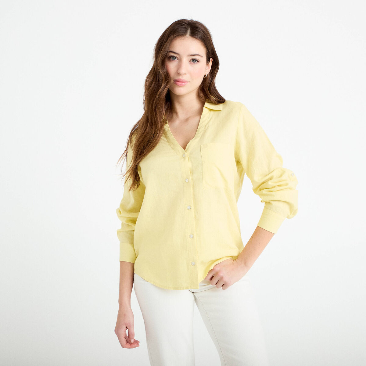 Chemise lin col V manches longues jaune pastel femme