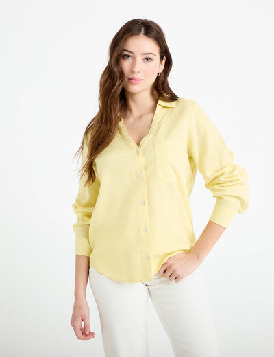Chemise lin col V manches longues jaune pastel femme