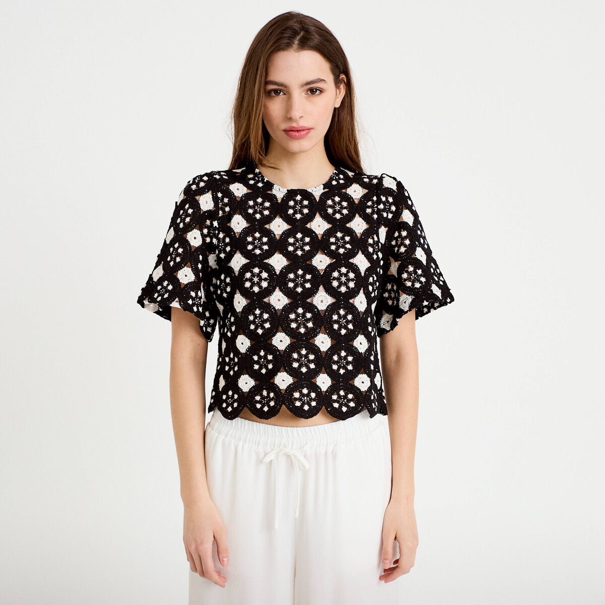 T-shirt manches courtes aspect dentelle ecru femme