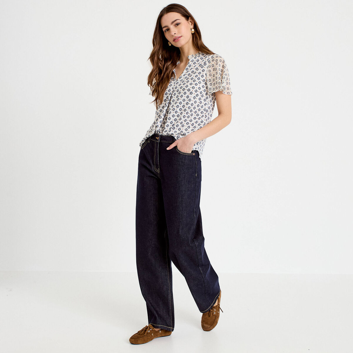 Blouse droite longue manches courtes bleu femme