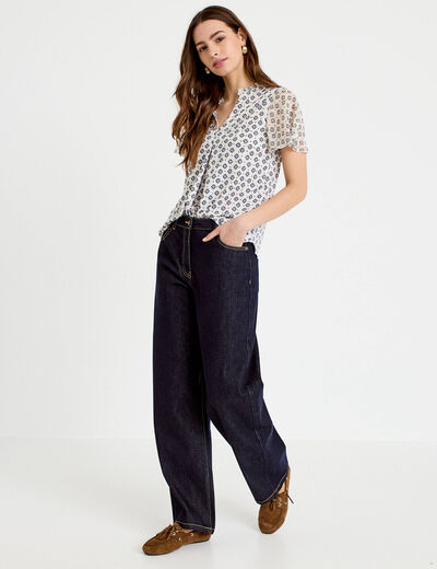 Blouse droite longue manches courtes bleu femme