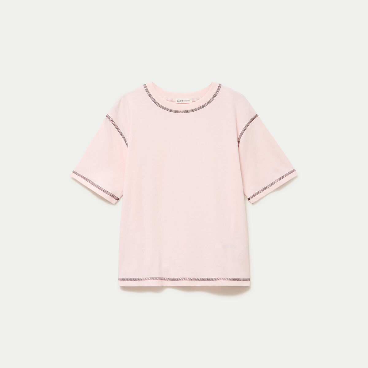 Top col rond manches courtes rose clair femme
