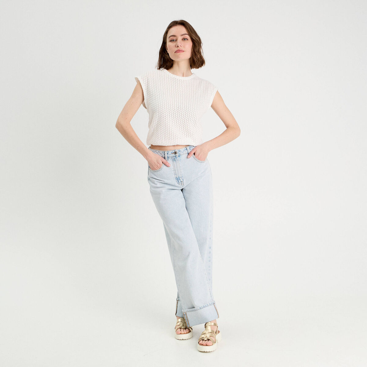 D&eacute;bardeur ajour&eacute; ecru femme