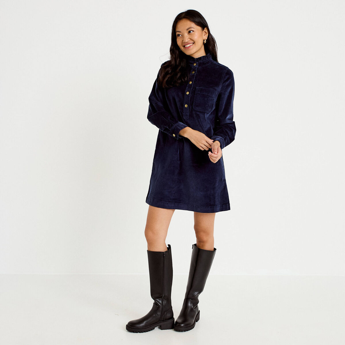 Robe droite velours col montant bleu marine femme