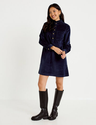 Robe droite velours col montant bleu marine femme