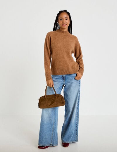 Pull col montant manches longues camel femme