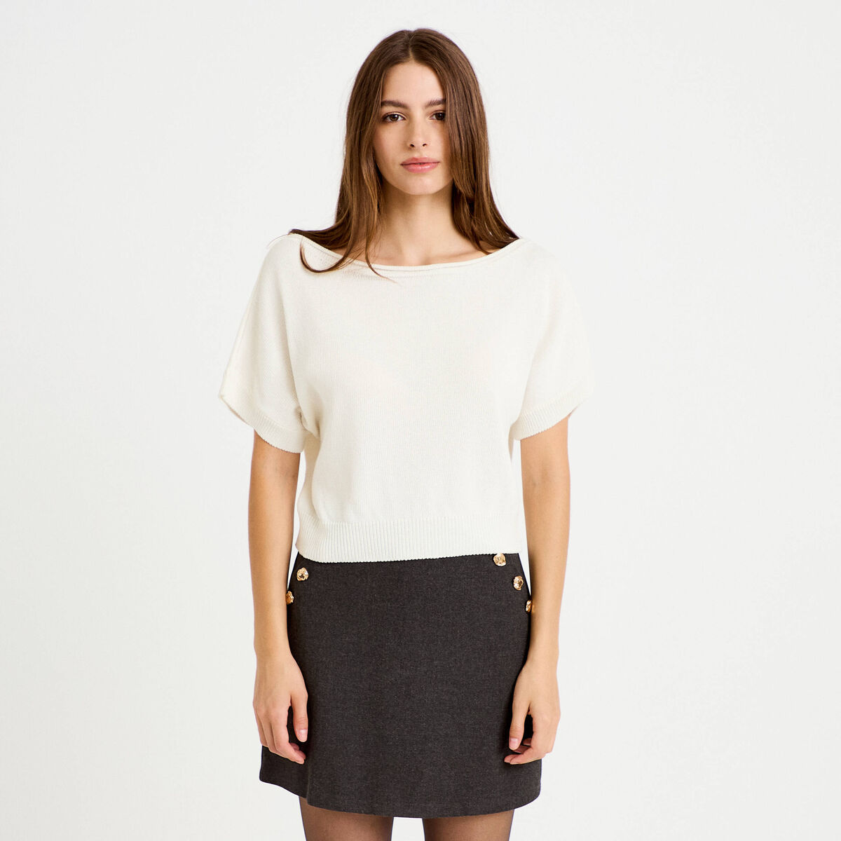 Pull ample cropped manches courtes ecru femme