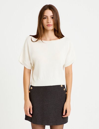 Pull ample cropped manches courtes ecru femme