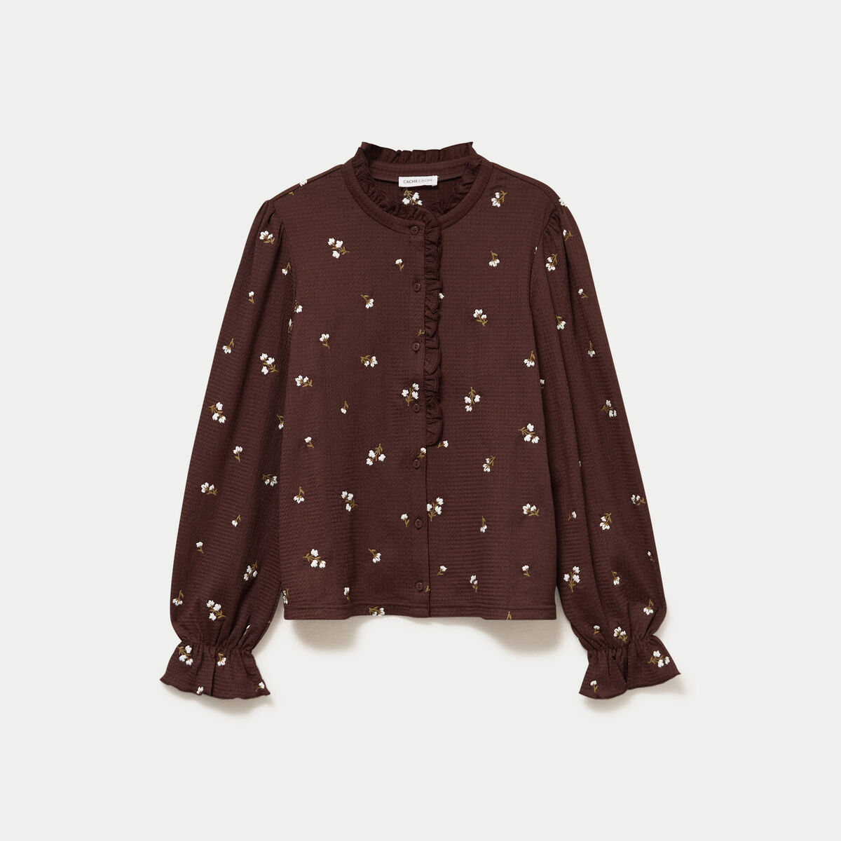 Chemise droite broderie manches longues marron fonc&eacute; femme