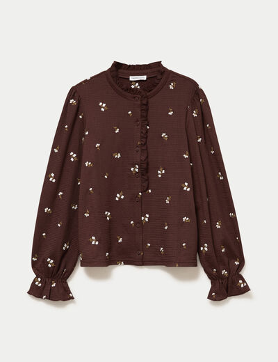 Chemise droite broderie manches longues marron fonc&eacute; femme