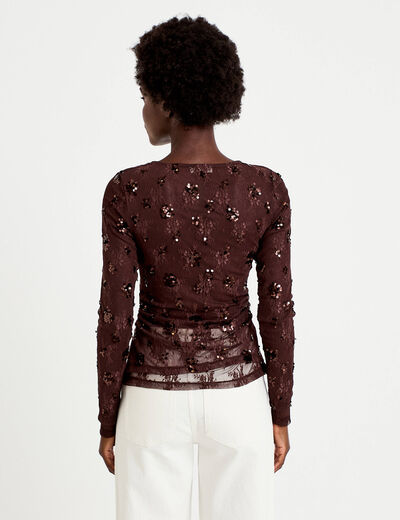 T-shirt ajust&eacute; col rond brod&eacute; perles marron fonc&eacute; femme