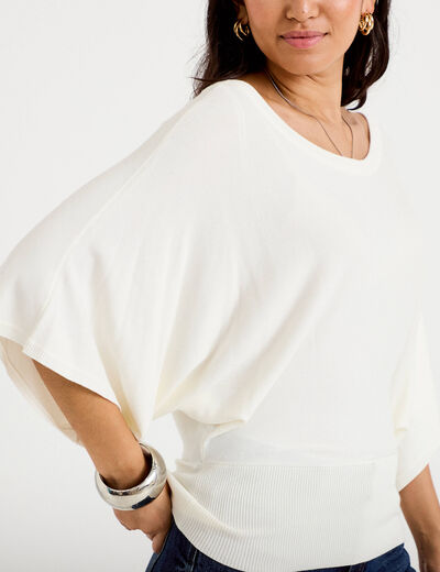 Pull ample manches courtes col rond ecru femme