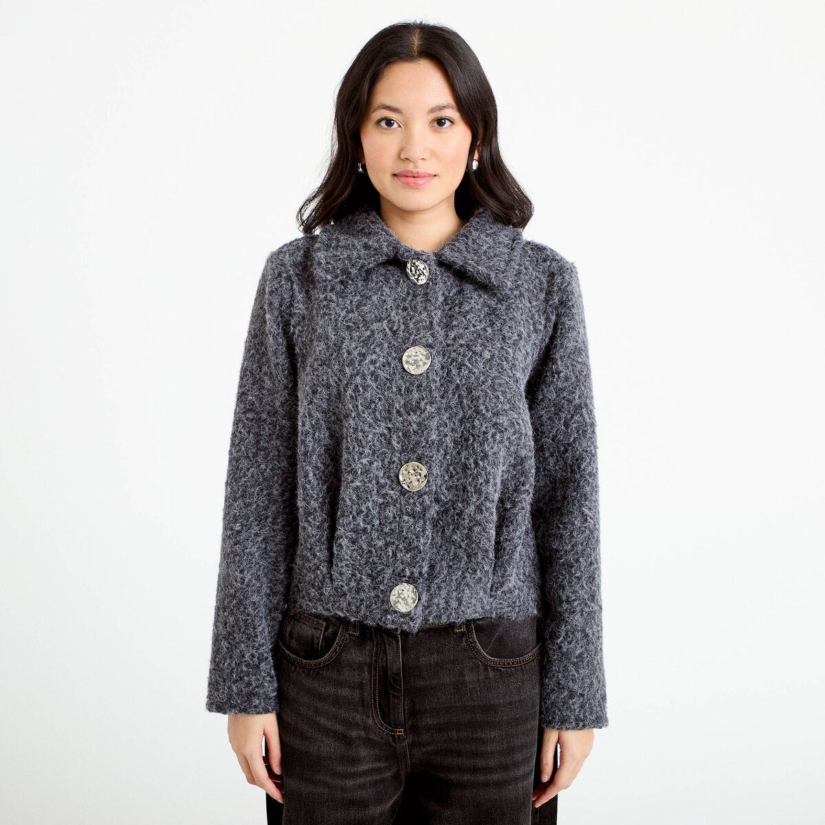 Veste manches longues col tailleur gris fonc&eacute; femme