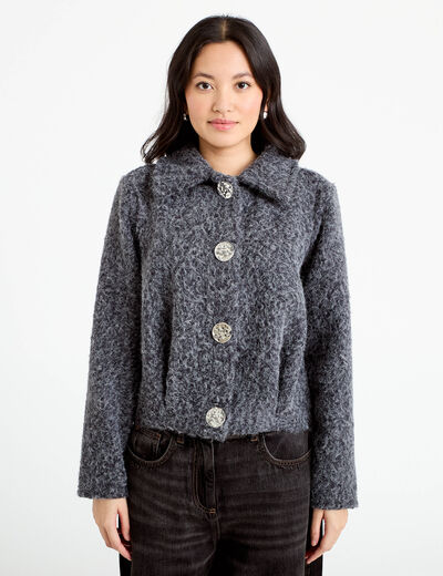 Veste manches longues col tailleur gris fonc&eacute; femme