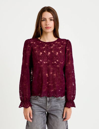 Blouse droite col v en dentelle prune femme