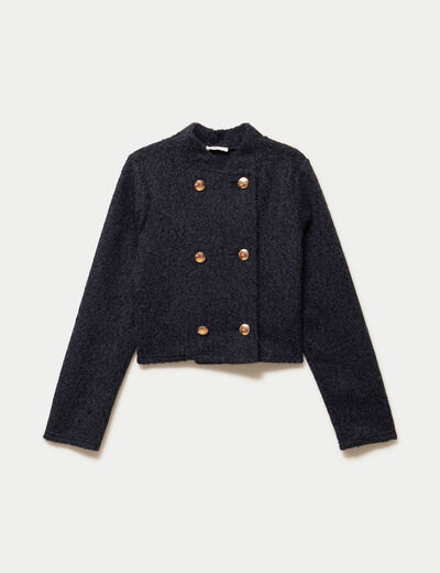 Veste droite cropped effet polaire bleu marine femme