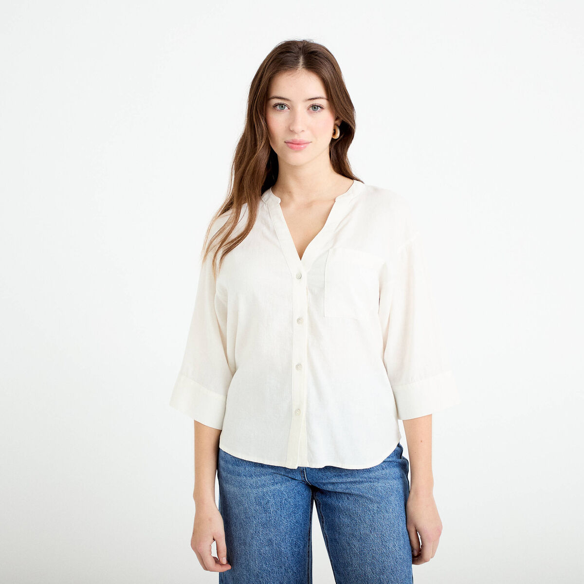 Blouse col V manches 3/4 ecru femme