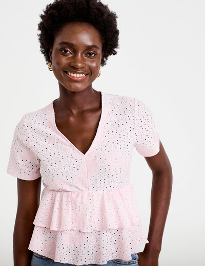 Blouse d&eacute;collet&eacute; manches courtes rose clair femme