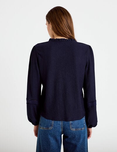Blouse broderie col V manches longues bleu marine femme