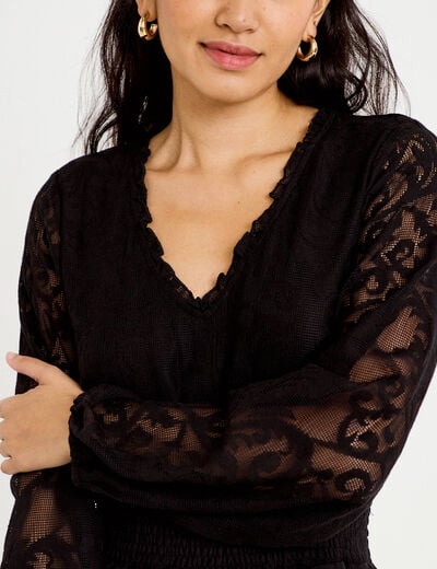 Robe courte &eacute;vas&eacute;e en dentelle col v noir femme