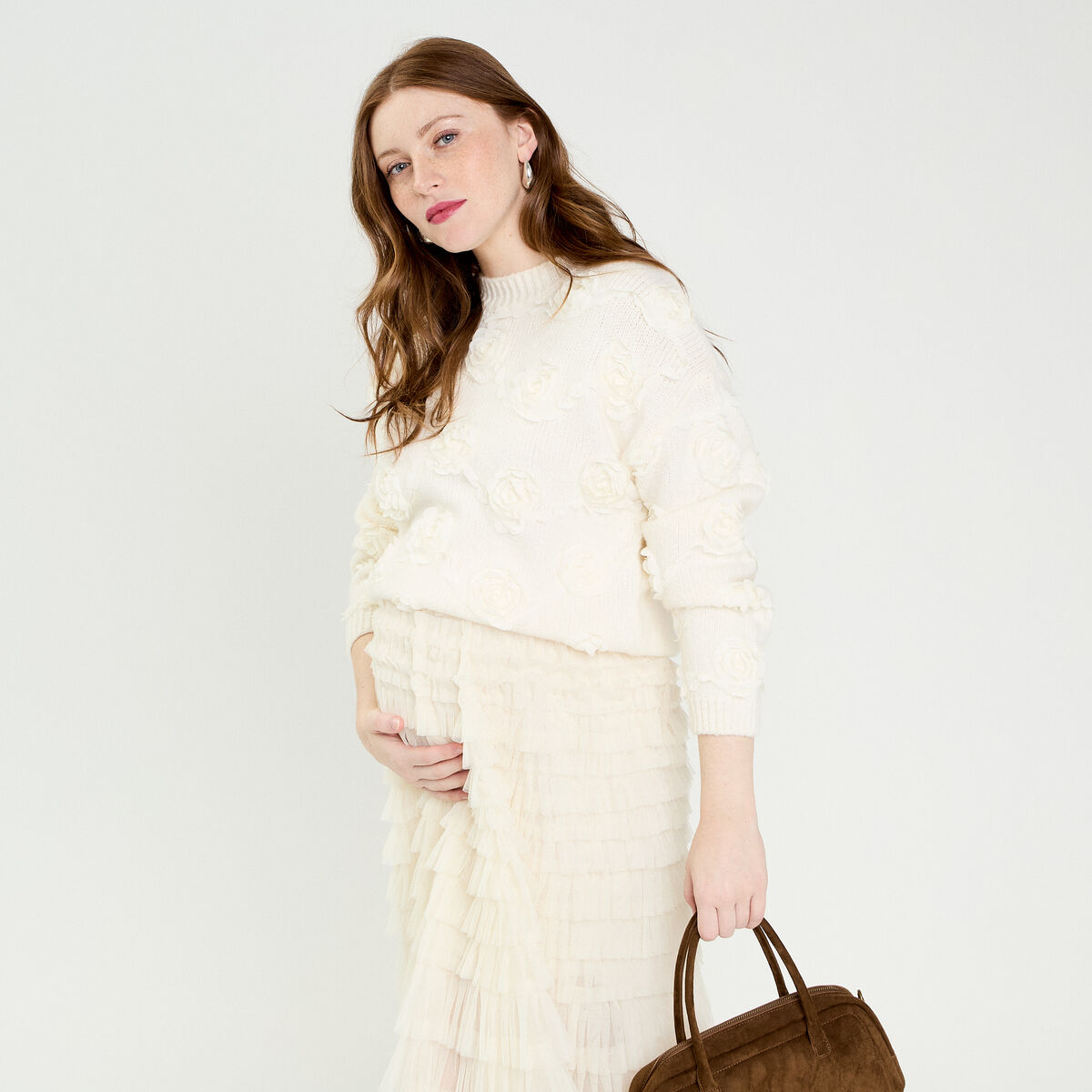 Pull fleurs en relief ecru femme