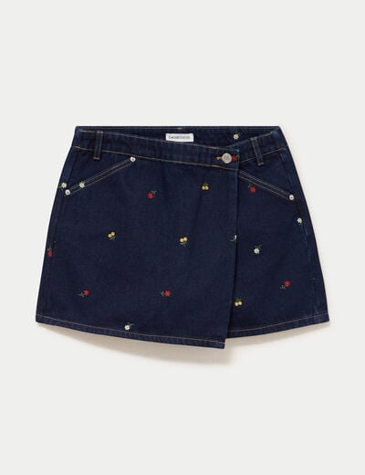 Jupe-short trap&egrave;ze en jean bleu marine femme