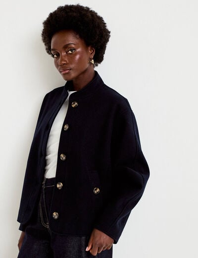 Veste droite col mao manches longues bleu marine femme
