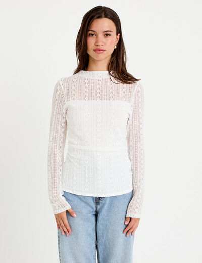 Top ajust&eacute; col montant dentelle ecru femme