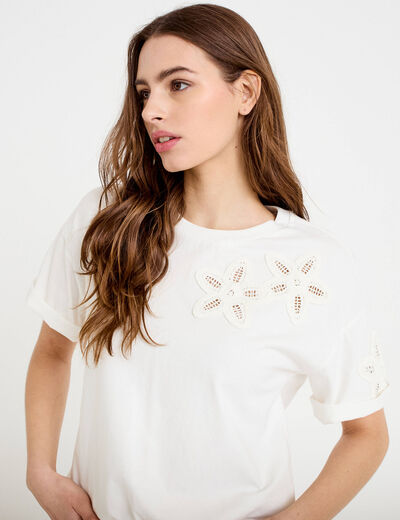 T-shirt col rond manches courtes ecru femme