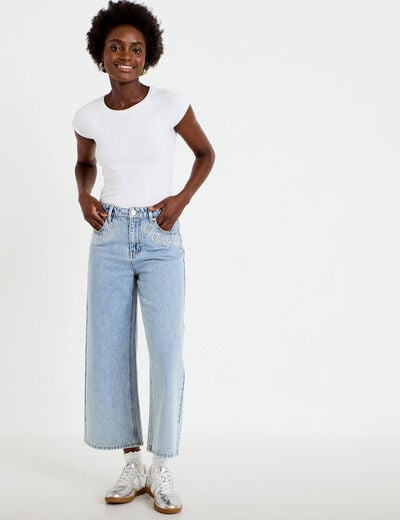 Jean wide leg cropped taille standard denim bleach femme