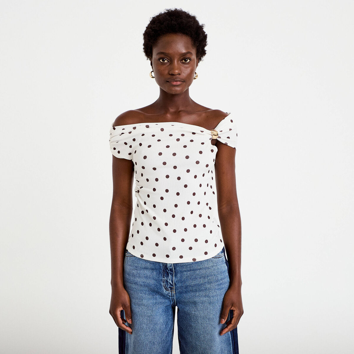 Top pliss&eacute; col bardot sans manches blanc femme