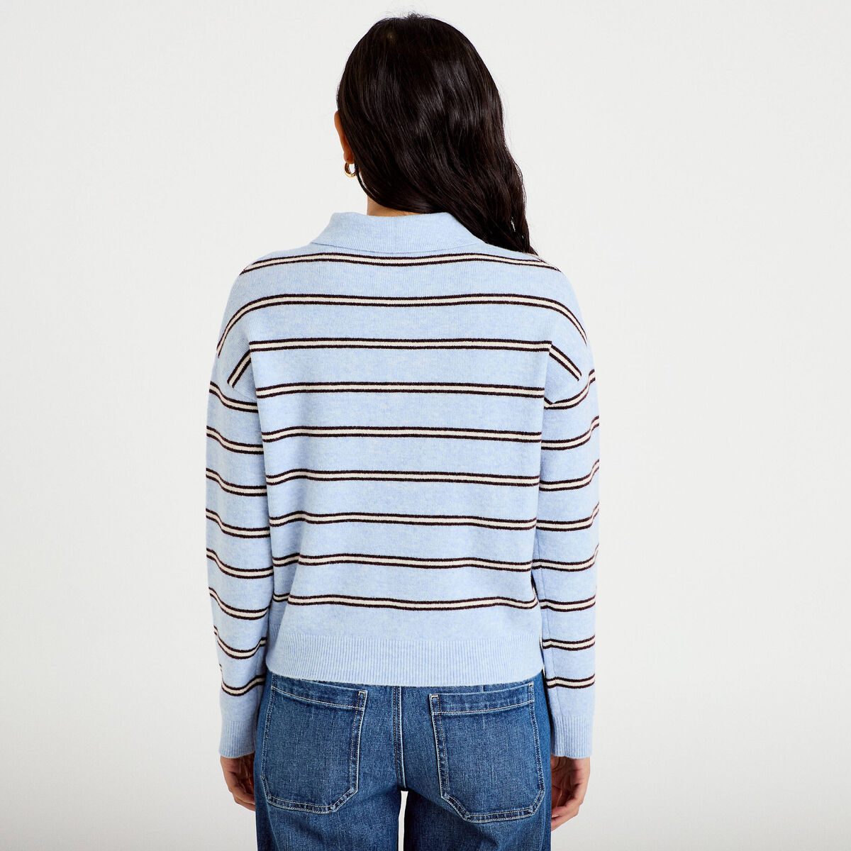 Polo manches longues col chemise bleu ciel femme