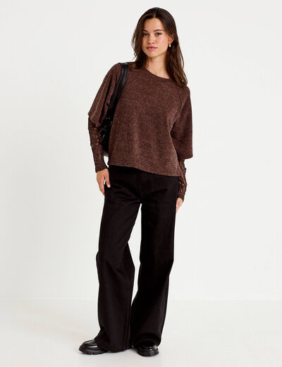 Top bi-mati&egrave;re dentelle col rond marron fonc&eacute; femme