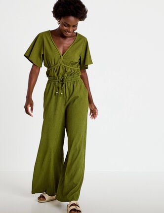 Pantalon large fluide taille haute vert kaki femme