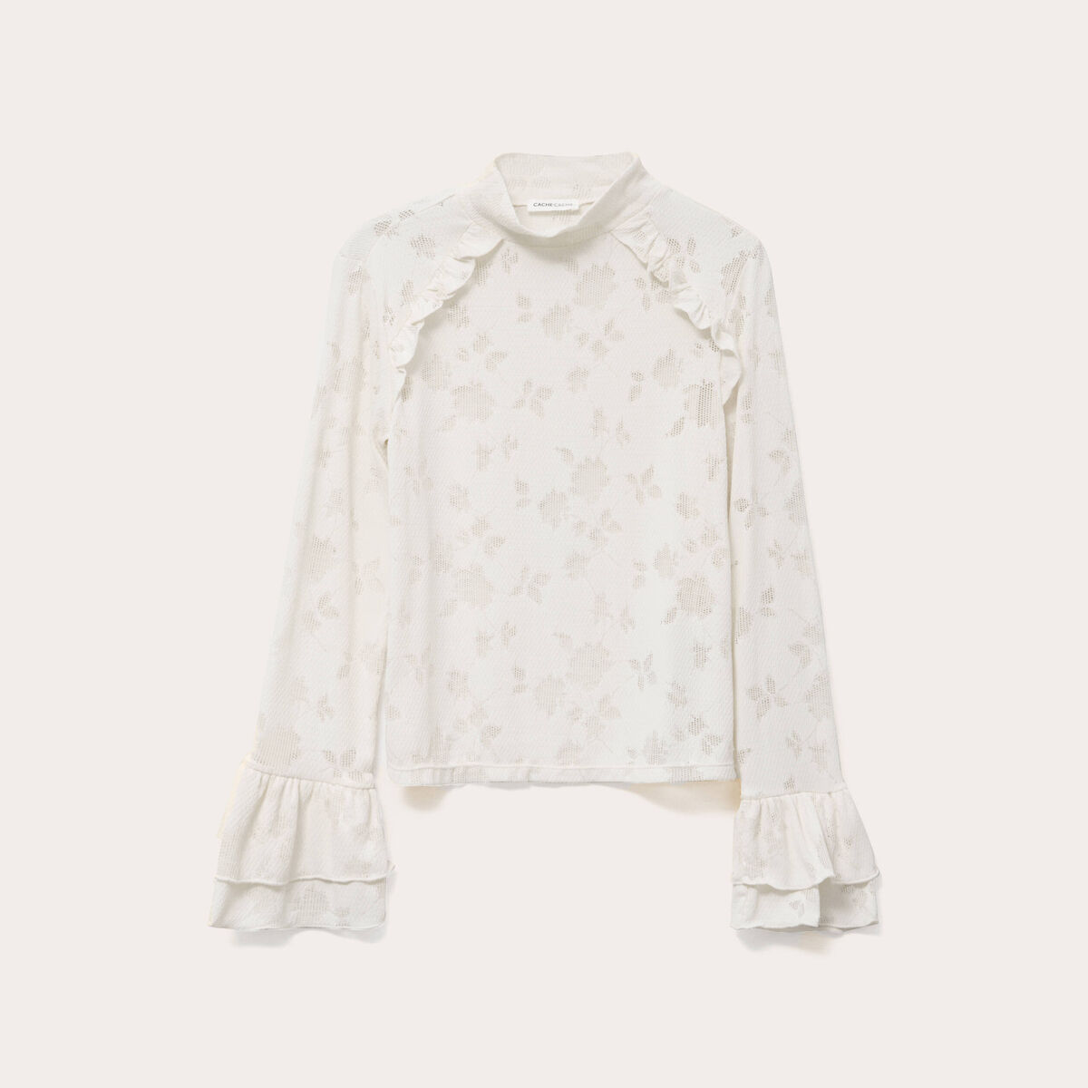 Blouse ajour&eacute;e col montant dentelle ivoire femme