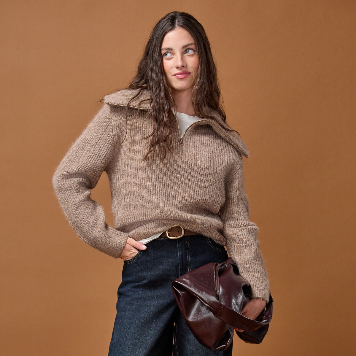 Pull col camionneur manches longues beige femme