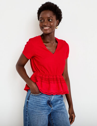 Blouse droite col v manches courtes rouge femme