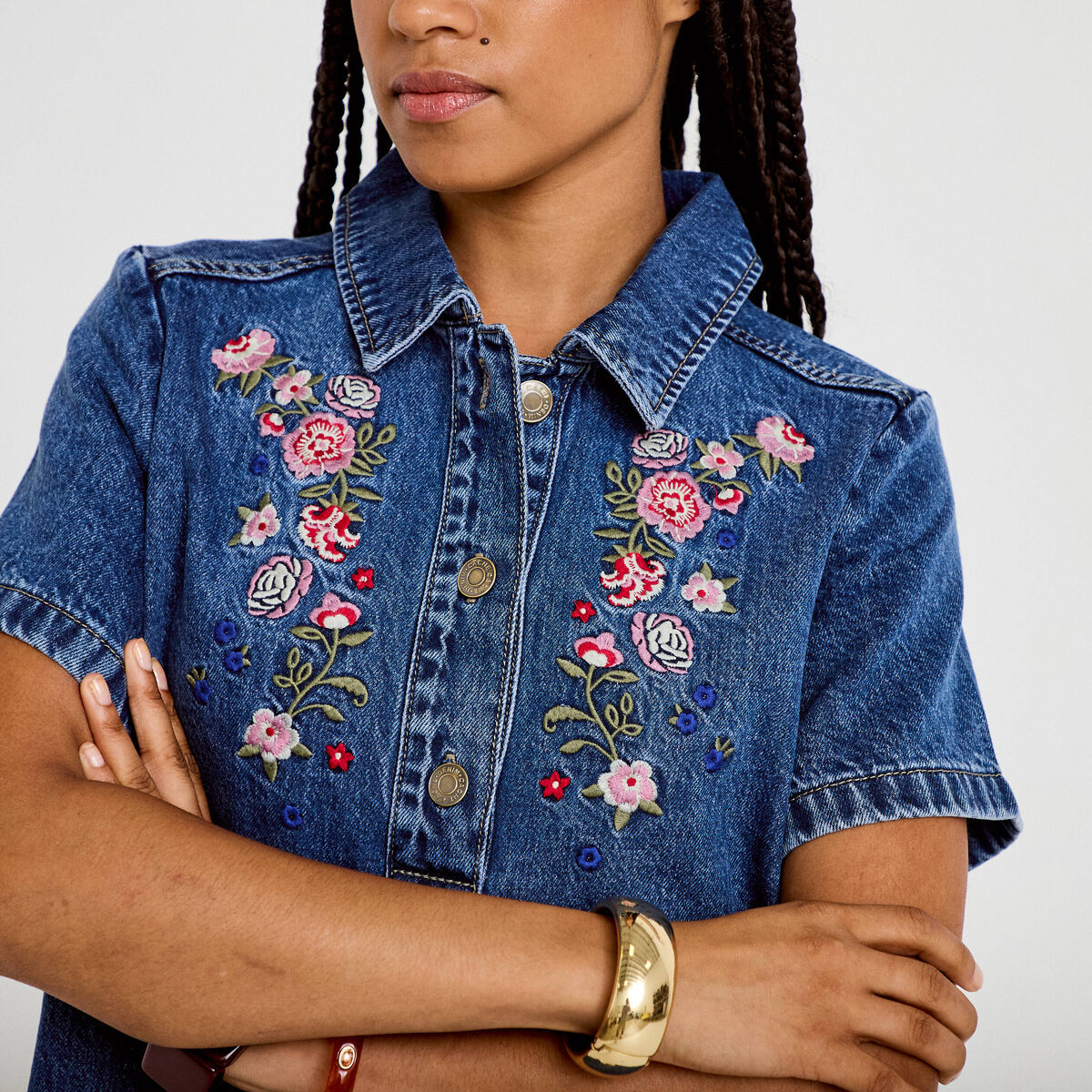Robe droite courte en jean col chemise denim stone femme