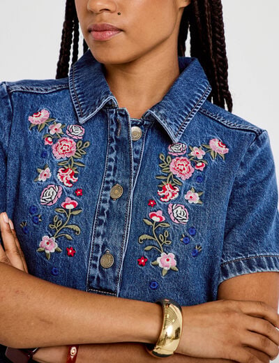 Robe droite courte en jean col chemise denim stone femme
