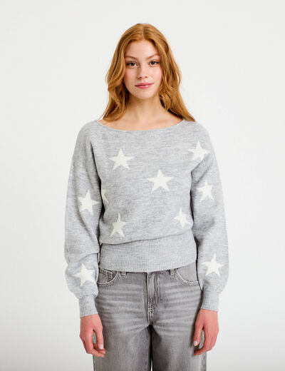 Pull col bateau manches longues gris clair femme