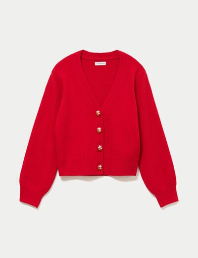 Gilet col v broderie manches longues rouge femme