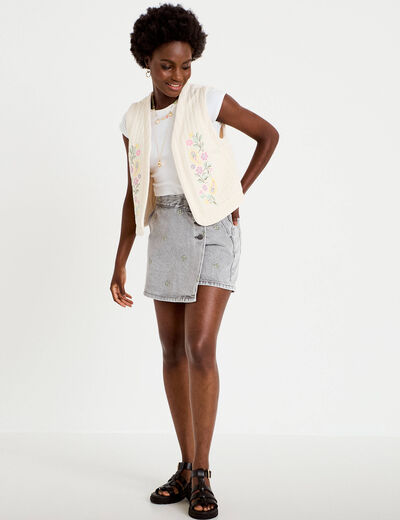 Gilet droit sans manches col rond ecru femme