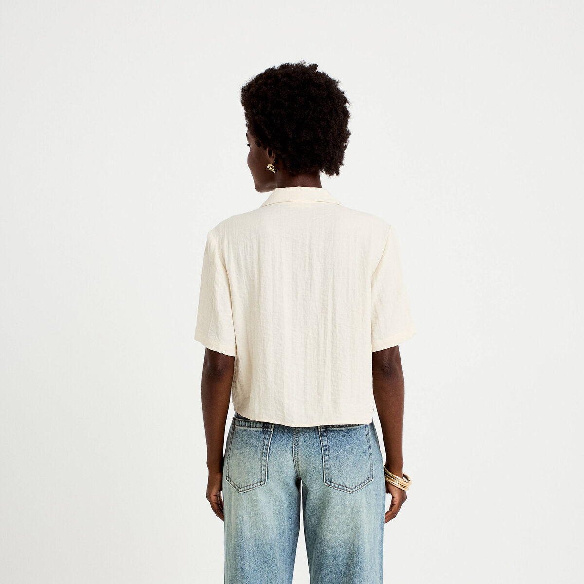 Chemise droite pliss&eacute;e manches courtes ecru femme